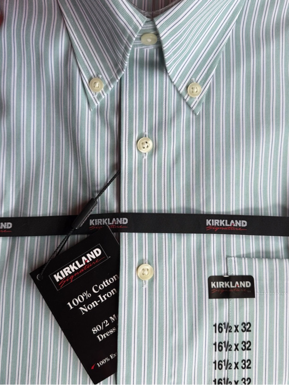 Kirkland Signature Shirt Green White Striped Dress Shirt Long Sleeve 16.5 32